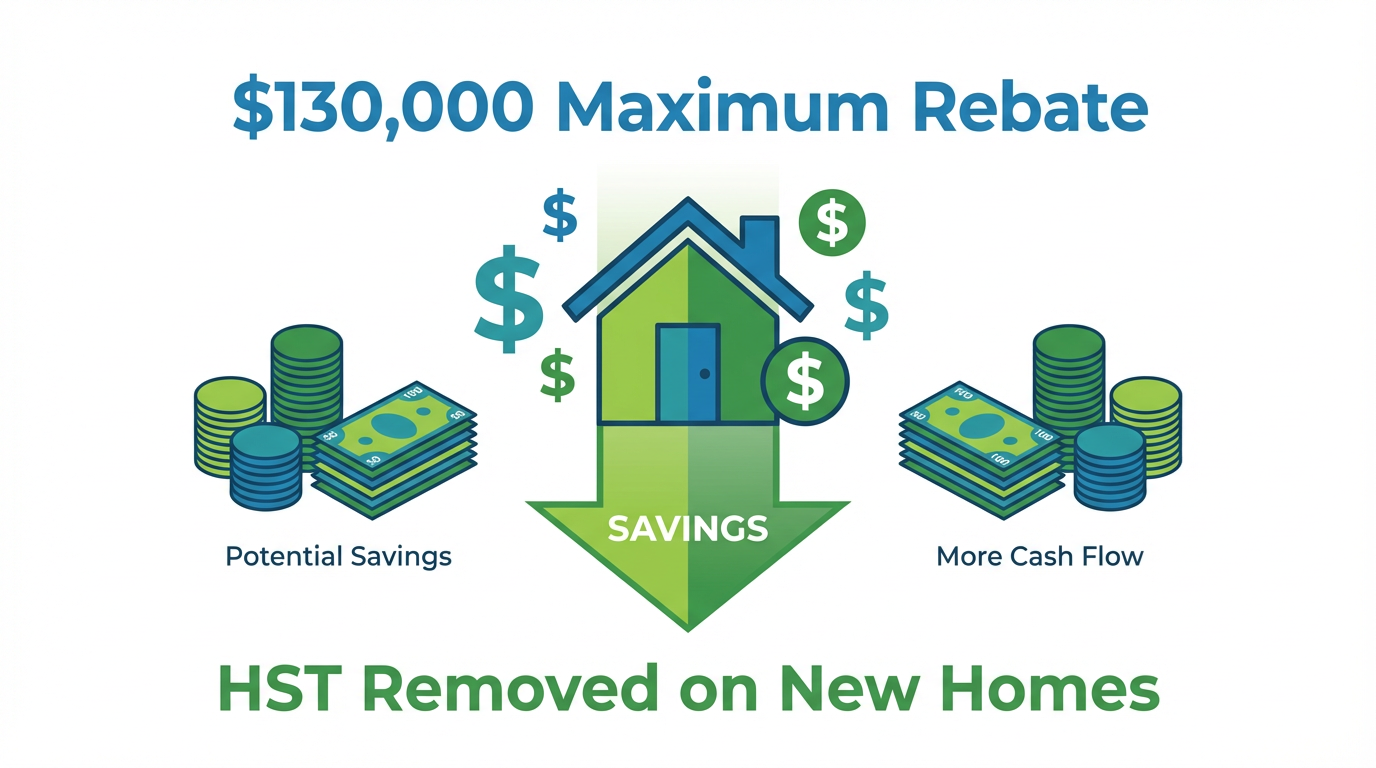 Infographic showing up to $130,000 in HST savings on new Ontario homes — rebate tier breakdown