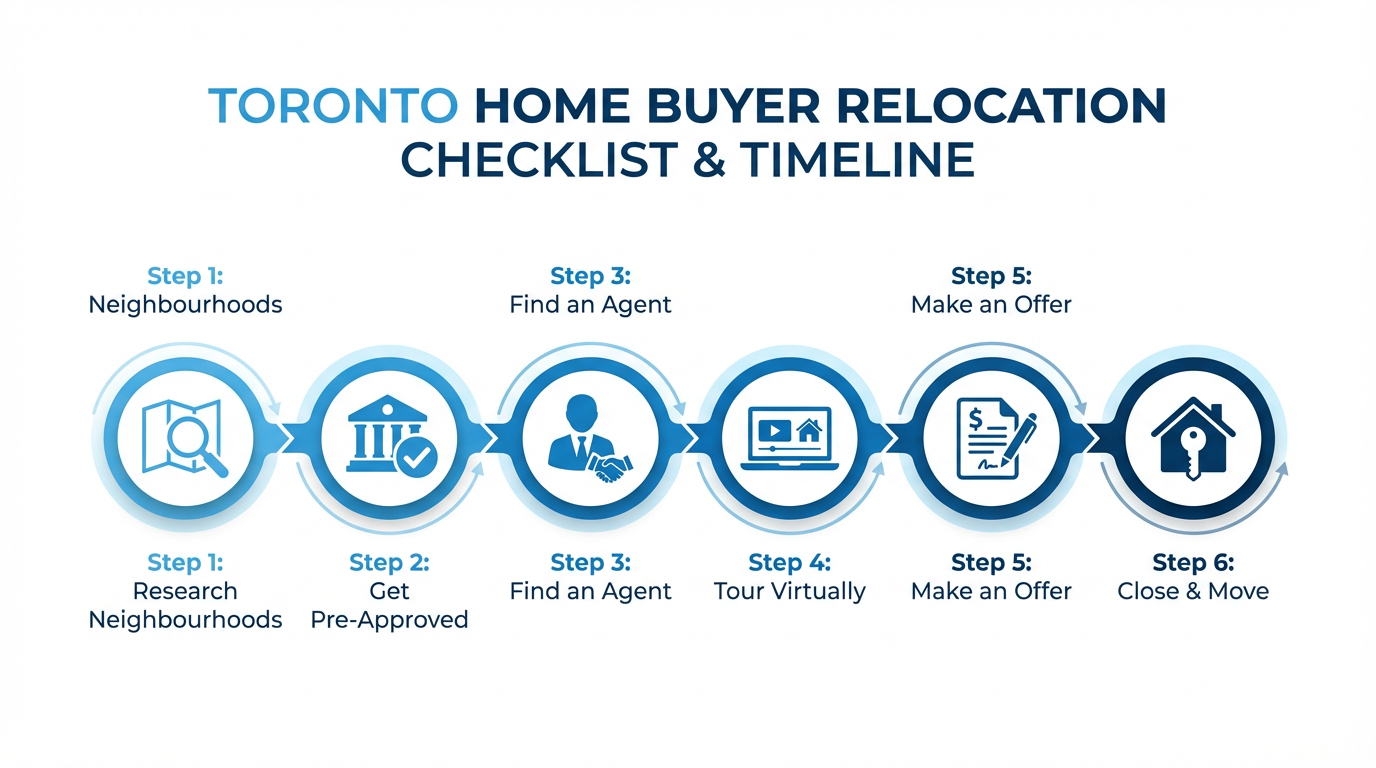 Step-by-step relocation checklist for buying a home in Toronto: research, pre-approval, agent, touring, offer, closing