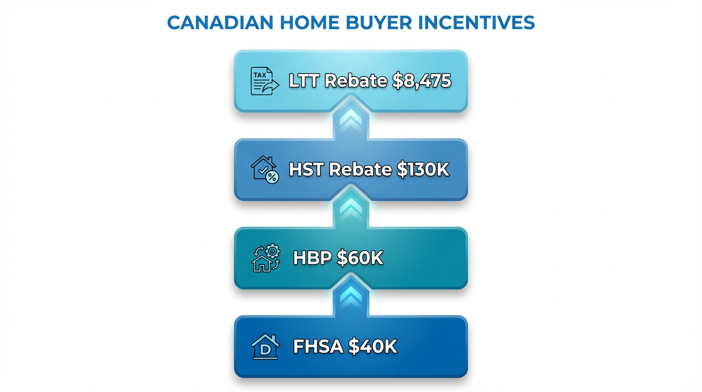 Infographic showing how Canadian home buyer incentives stack: FHSA $40K, HBP $60K, HST Rebate $130K, LTT Rebate $8,475